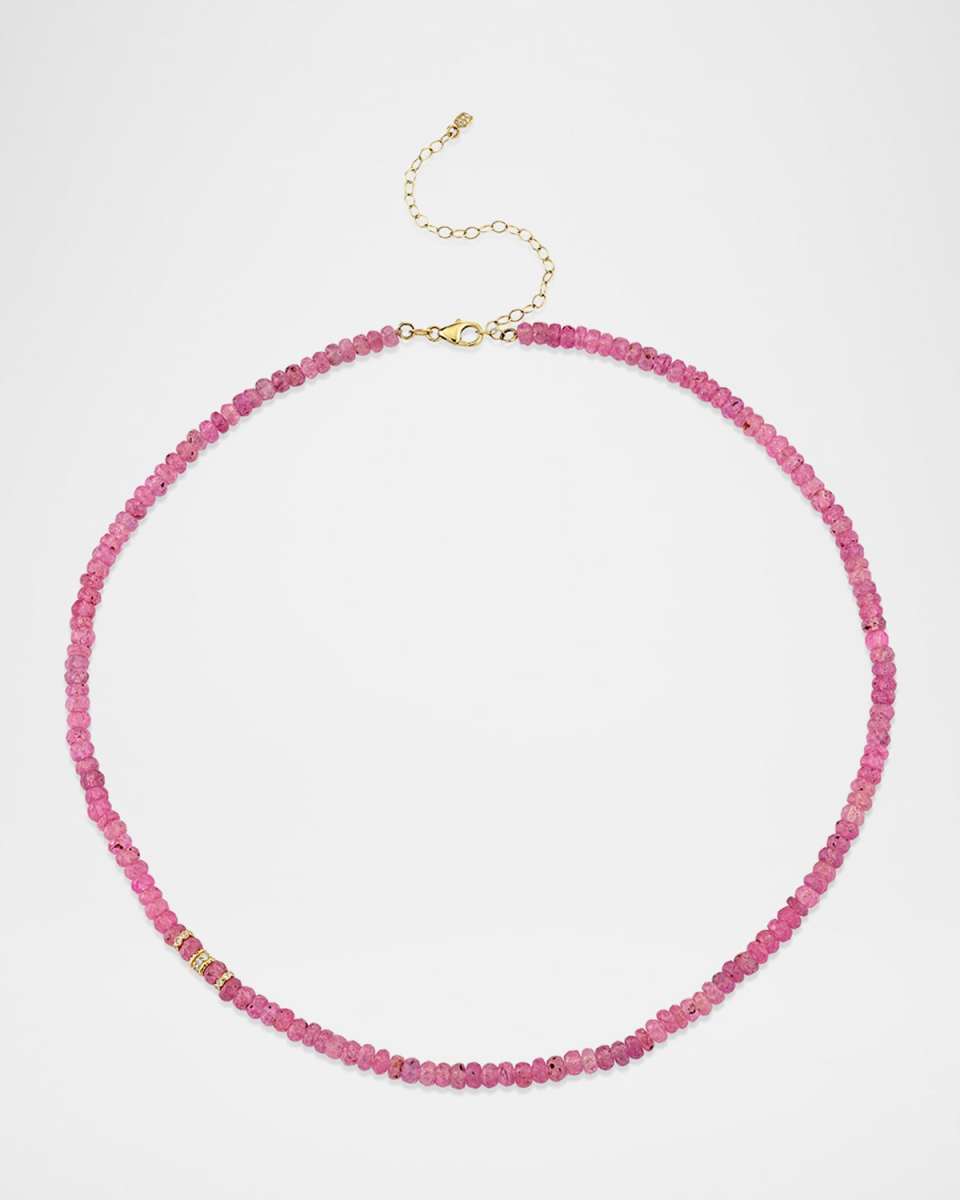 Faceted Pink Sapphire Bead and Diamond Rondelle Necklace